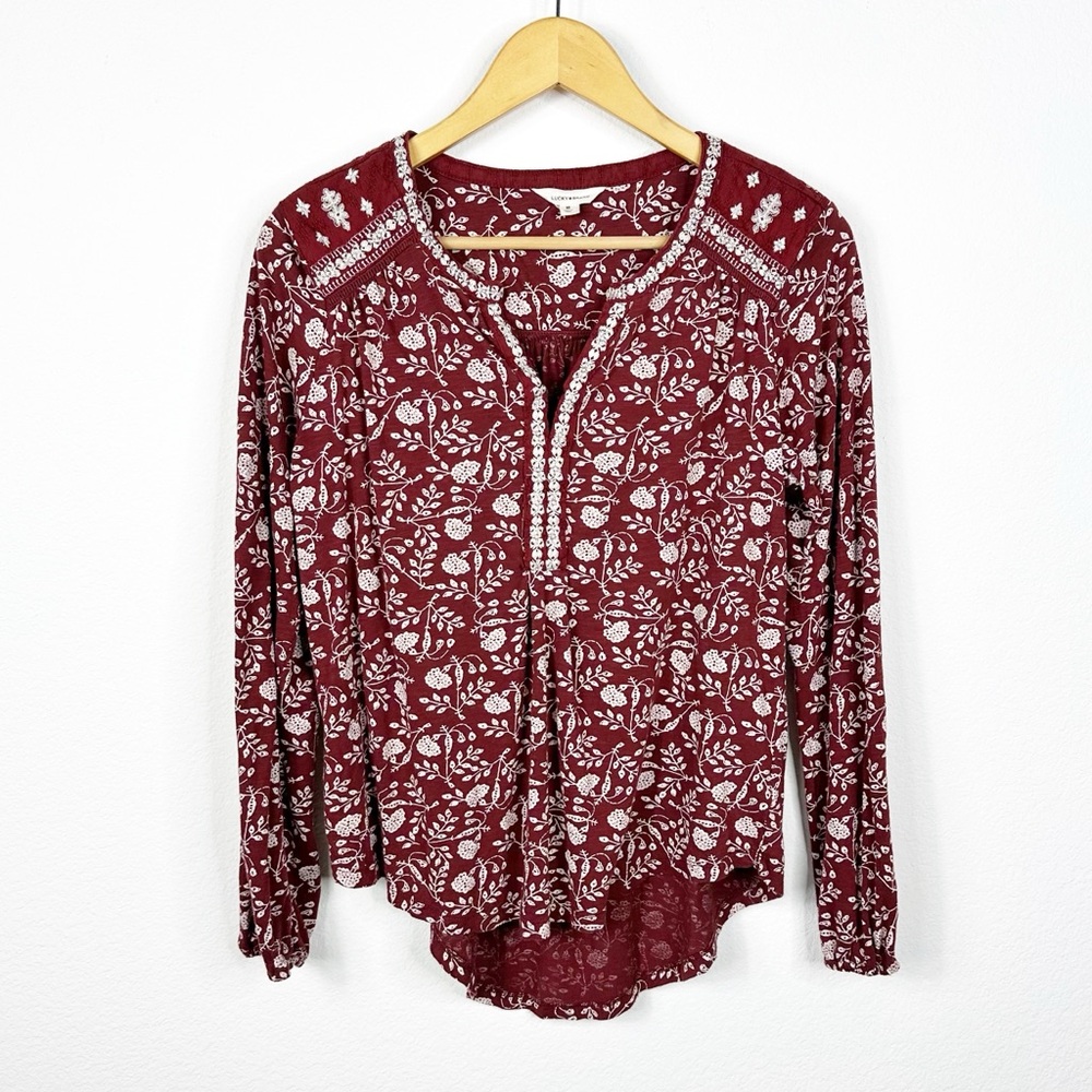 Lucky Brand Boho Floral Peasant Top Maroon Size M